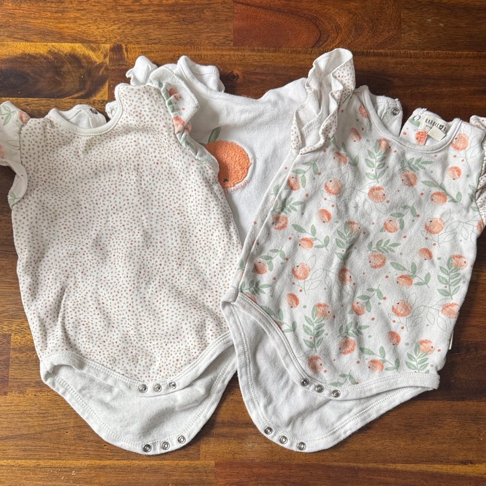 Set of Rabbit + Bear Baby Onesies with Peach and Floral Patterns 6-9 months